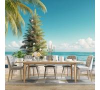 Murales Papel pintado fotográfico, 350 x 256 cm Grande Papel pintado No Tejido Con Azul Patrón - Naturaleza Tropical Playa Árbol De Navidad Póster Efecto 3D Murales Decoración Para Dormitorio Salón