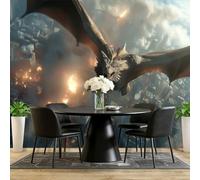 Murales Papel pintado fotográfico, 350 x 256 cm Grande Papel pintado No Tejido Con Gris Patrón - Fantasía Apocalipsis Dragón Póster Efecto 3D Murales Decoración Para Dormitorio Salón
