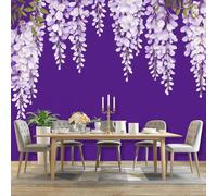 Murales Papel pintado fotográfico, 350 x 256 cm Grande Papel pintado No Tejido Con Púrpura Patrón - Plantas Minimalista Glicina Póster Efecto 3D Murales Decoración Para Dormitorio Salón