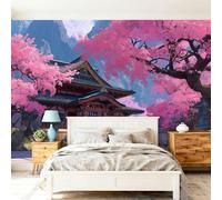 Murales Papel pintado fotográfico, 350 x 256 cm Grande Papel pintado No Tejido Con Rosa Patrón - Estilo Japonés Flores De Cerezo Montañas Póster Efecto 3D Murales Decoración Para Dormitorio Salón