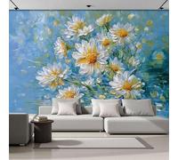 Murales Papel pintado fotográfico, 350x256cm Grande Papel pintado Seda Con Azul Patrón - Pintura al óleo de flores Margarita en el agua Fotografía Póster Efecto 3D Murales Decoración