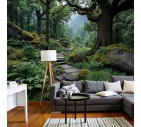 Murales Papel pintado fotográfico, 350x256cm Grande Papel pintado Seda Con Verde Oscuro Patrón - Selva Tropical Rocas, Árboles, Musgo Fotografía Póster Efecto 3D Murales Decoración