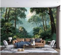 Murales Papel pintado fotográfico, 350x256cm Grande Papel pintado Seda Con Verde Patrón - Selva Tropical Helechos Y Árboles Fotografía Póster Efecto 3D Murales Decoración Para Dormitorio Salón