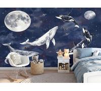 Murales Papel pintado fotográfico, 350x256cm Papel pintado Seda Con Azul marino Patrón - Viento cósmico animal Luna llena de ballena azul y orca Fotografía Póster Efecto 3D Murales Decoración