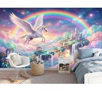 Murales Papel pintado fotográfico, 350x256cm Papel pintado Seda Con Púrpura rosado Patrón - cuento hadas ensueño Castillo Arcoíris Unicornio Fotografía Póster Efecto 3D Murales Decoración