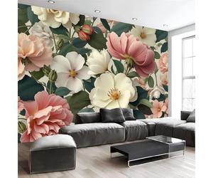 Murales Papel Pintado Fotográfico, 400X280Cm Grande Papel Pintado Botánica Vintage Realista, Flores Campestres Fotomurales Póster 3D Murales Decoración Para Dormitorio Salón, Color Crema