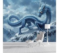 Murales Papel Pintado Fotográfico, 400X280Cm Grande Papel Pintado Con Azul Grisáceo 3D Montañas Nevadas Dragón - Paisaje Animal Chino Fotografía Póster 3D Murales Decoración Para Dormitorio Salón