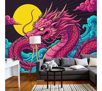 Murales Papel Pintado Fotográfico, 400X280Cm Grande Papel Pintado Con Negro Morado Dragón Chino Olas Del Océano - Animal Feroz Fotografía Póster 3D Murales Decoración Para Dormitorio Salón