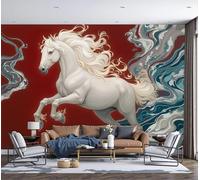 Murales Papel Pintado Fotográfico, 400X280Cm Grande Papel Pintado Ondas Abstractas Caballo, Arte Animal Chino Fotomurales Póster 3D Murales Decoración Para Dormitorio Salón, Rojo Y Blanco