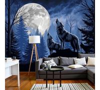 Murales Papel pintado fotográfico, 400x280cm Grande Papel pintado Seda Con Azul oscuro Patrón - Ilustraciones de animales Lobos bajo la luz de la luna Fotografía Póster Efecto 3D Murales Decoración