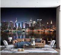 Murales Papel pintado fotográfico, 400x280cm Grande Papel pintado Seda Con Azul oscuro Patrón - Vista nocturna de la ciudad Edificios de gran altura sobre el agua Fotografía Póster
