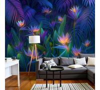 Murales Papel pintado fotográfico, 400x280cm Grande Papel pintado Seda Con Azul-púrpura Patrón - Estilo tropical Ave del paraíso de hojas de palma Fotografía Póster Efecto 3D Murales Decoración