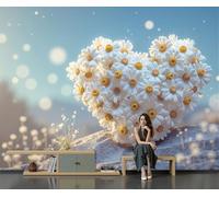 Murales Papel pintado fotográfico, 400x280cm Grande Papel pintado Seda Con Blanco Patrón - Flores románticas Margaritas con forma de corazón Fotografía Póster Efecto 3D Murales Decoración Para Salón
