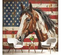 Murales Papel pintado fotográfico, 400x280cm Grande Papel pintado Seda Con Marrón rojizo Patrón - Estilo retro Caballo con bandera americana Fotografía Póster Efecto 3D Murales Decoración