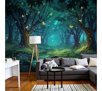 Murales Papel Pintado Fotográfico, 450X315Cm Grande Papel Pintado Bosque Luciérnagas Fantasía, Paisaje Fluvial Natural Fotomurales Póster 3D Murales Decoración Para Dormitorio Salón, Cian Profundo