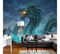 Murales Papel Pintado Fotográfico, 450X315Cm Grande Papel Pintado Con Cian 3D Feroz Olas Dragón - Animal Mitológico Chino Fotografía Póster 3D Murales Decoración Para Dormitorio Salón
