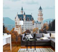 Murales Papel pintado fotográfico, 450x315cm Papel pintado Seda Con Amarillo Patrón - Paisaje natural Castillo de Neuschwanstein en el bosque Fotografía Póster Efecto 3D Murales Decoración