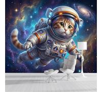 Murales Papel pintado fotográfico, 450x315cm Papel pintado Seda Con Azul Patrón - Dibujos animados de ciencia ficción Universo del gato espacial Fotografía Póster Efecto 3D Murales Decoración