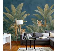 Murales Papel pintado fotográfico, Grande Papel pintado Seda Con Azul oscuro Patrón - Selva tropical Hoja de plátano tigre Fotografía Póster Efecto 3D Murales Decoración Para Dormitorio Salón