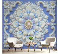 Murales Papel Pintado Fotográfico, Grande Papel Pintado Seda Con Azul Y Blanco Relieve De Mandala Nórdico 3D, Flores Étnicas Póster Efecto 3D Murales Decoración Para Dormitorio Salón, 200X140Cm