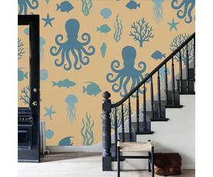 Murales Papel Pintado Fotográfico, Grande Papel Pintado Seda Con Marrón Animales Marinos Simples, Coral Pulpo Concha Marina Póster Efecto 3D Murales Decoración Para Dormitorio Salón, 450X315Cm