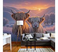 Murales Papel Pintado Fotográfico, Grande Papel Pintado Seda Con Naranja Ganado Tierras Altas Del País, Animales Praderas Atardecer Póster Efecto 3D Murales Decoración Para Dormitorio Salón, 300X210Cm