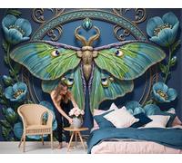 Murales Papel Pintado Fotográfico, Grande Papel Pintado Seda Con Turquesa Polilla Lunar Misteriosa Amapola, Criaturas Fantásticas Póster Efecto 3D Murales Decoración Para Dormitorio Salón, 450X315Cm