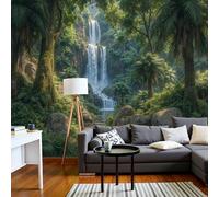 Murales Papel pintado fotográfico, Grande Papel pintado Seda Con Verde Patrón - Selva tropical Cascada de palmeras Fotografía Póster Efecto 3D Murales Decoración Para Dormitorio Salón