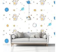 Murales Papel Pintado Gato Espacial De Dibujos Animados Planetas 300 x 210 cm Fotomurale Tejido No Tejido, Blanco Papel Tapiz Fotográfico, para Salon Dormitorio Oficina Hotel Decorativos Murales