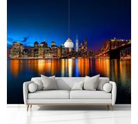 Murales Papel Pintado Paisaje Urbano Nueva York Noche Brooklyn Puente 300 x 210 cm Fotomurale Tejido No Tejido, Azul Papel Tapiz Fotográfico, para Salon Dormitorio Oficina Hotel Decorativos Murales