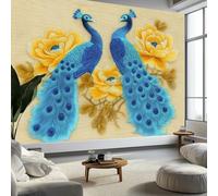Murales Papel Pintado Pintura Al Óleo Pavo Real Azul Flores Amarillas 300 x 210 cm Fotomurale Tejido No Tejido, Amarillo Papel Tapiz Fotográfico - Salon Dormitorio Oficina Hotel Decorativos Murales