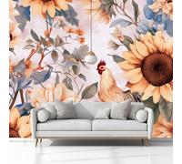 Murales Papel Pintado Pintura De Acuarela Girasoles Pollo 250 x 175 cm Fotomurale Tejido No Tejido, Blanco Papel Tapiz Fotográfico, para Salon Dormitorio Oficina Hotel Decorativos Murales