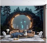 Murales Papel Pintado Salon Arco De Piedra De La Ciudad, 350x256cm Fotomurales Estilo De Ciencia Ficción Tejido Seda Papel Tapiz Fotográfico Decorativos Murales Dormitorio,Azul Brumoso