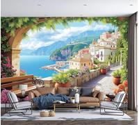 Murales Papel Pintado Salon Ciudad Mediterránea, 450x356cm Fotomurales Romántico Y Natural Tejido Seda Papel Tapiz Fotográfico Decorativos Murales Dormitorio,Azul-Verde