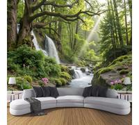 Murales Papel Pintado Salon Escena De Bosque Exuberante, 400 × 280 Cm Fotomurales 3D Rocas En Cascada Tejido Seda Papel Tapiz Fotográfico Decorativos Murales Dormitorio,Verde