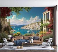 Murales Papel Pintado Salon Flores Y Plantas De Las Islas Griegas, 200x140cm Fotomurales Paisaje Urbano Tejido Seda Papel Tapiz Fotográfico Decorativos Murales Dormitorio,Azul-Verde