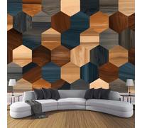 Murales Papel Pintado Salon Formas Geométricas, 400 × 280 Cm Fotomurales 3D Hexágonos De Madera Tejido Seda Papel Tapiz Fotográfico Decorativos Murales Dormitorio,Azul