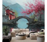 Murales Papel Pintado Salon Montañas cerezos en flor y un puente arqueado 350x256 cm Fotomurales 3D Tejido No Tejido Papel Tapiz Fotográfico Decorativos Murales Dormitorio Oficina Hotel