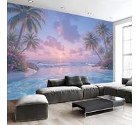 Murales Papel Pintado Salon Playa Puesta De Sol, Piscina Palmeras 350Anx256Al cm Fotomurales 3D No Tejido Papel Tapiz Fotográfico Decorativos Murales Dormitorio Oficina Hotel
