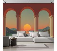 Murales Papel Pintado Salon Puesta De Sol Sobre Columnas Arqueadas, 250x175cm Fotomurales Paisaje Natural Tejido Seda Papel Tapiz Fotográfico Decorativos Murales Dormitorio,Color Naranja