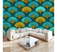 Murales para Pared 3D 200 x 140 cm Papel Pintado Tejido no Tejido Verde Salvia Vintage Geométrico Hoja De Ginkgo Abanico Textura, Decoración de Pared para Salón y Pasillo, Fotomural Gigante Art