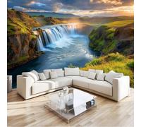 Murales para Pared 3D 300 x 210 cm Papel Pintado Tejido no Tejido Verde Salvia Naturaleza Cañón Cascada Montañas Pradera, Decoración de Pared para Salón y Pasillo, Fotomural Gigante Art
