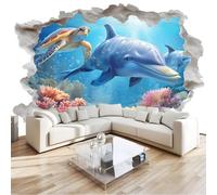 Murales para Pared 3D 400 x 280 cm Papel Pintado Tejido no Tejido Azul Dibujos Animados Efecto Grieta Delfín Tortuga, Decoración de Pared para Salón y Pasillo, Fotomural Gigante Art