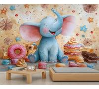Murales para pared de elefante bebé en el País de los Caramelos, decoración de fantasía adorable para habitación infantil y sala de juegos, gran papel tapiz removible 100x100cm (No es autoadhesivo)