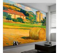 Murales póster Estilo Pintura Al Óleo Casa Campo Paja, Fotomurales Pared Tejido No Tejido Murales Fotográfico 250 x 175 cm XXL Decoración de Paredes, para Dormitorio Salón Decorativos, Amarillo