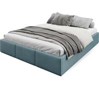 Muralo Cama Tapizada con Canapé 160x200 cm - Azul océano | Somier de láminas y canapé abatible, cabecero acolchado tapizado en terciopelo resistente, se entrega sin colchón