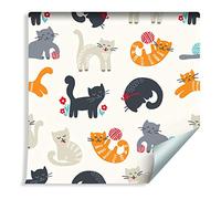 Muralo Papel pintado autoadhesivo con diseño de animales, pradera, gatos, lana de punto, plantas, flores, 1000 x 50 cm, papel pintado para la pared de la habitación de los niños, sala de juegos