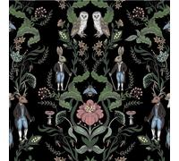 MuralPeel - Papel tapiz autoadhesivo vintage con dise o de animales, hojas de damasco, conejos, ciervos, b hos y flores rosas, color negro oscuro