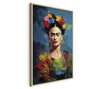 murando - Cuadro con Marco Natural Frida Kahlo 40x60 cm 1 Pieza - Imagen Sobre Lienzo no Tejido Impresión Artística Decorativo Reproducción Retrato Mujer Colorido h-H-10053-b-a