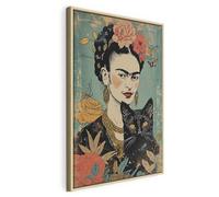murando - Cuadro con Marco Natural Frida Kahlo 60x90 cm 1 Pieza - Imagen Sobre Lienzo no Tejido Impresión Artística Decorativo Reproducción Retrato Mujer Gato h-H-10040-b-a